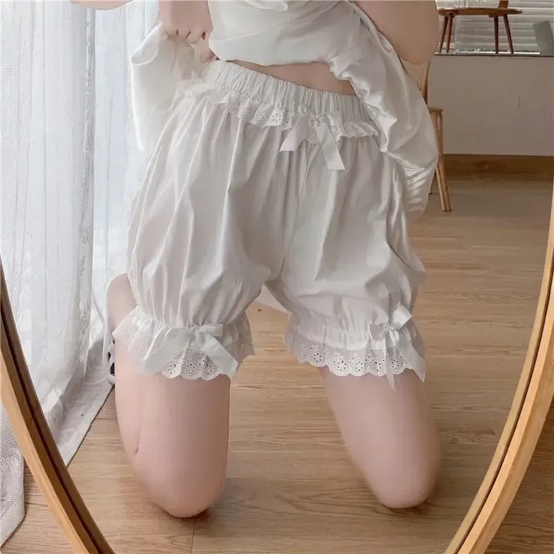 White Ruffles Knickers Women Girl Kawaii Panties Cute Lace Bowknot Lolita Safety Shorts Pants Elastic Vintage Victorian Bloomers