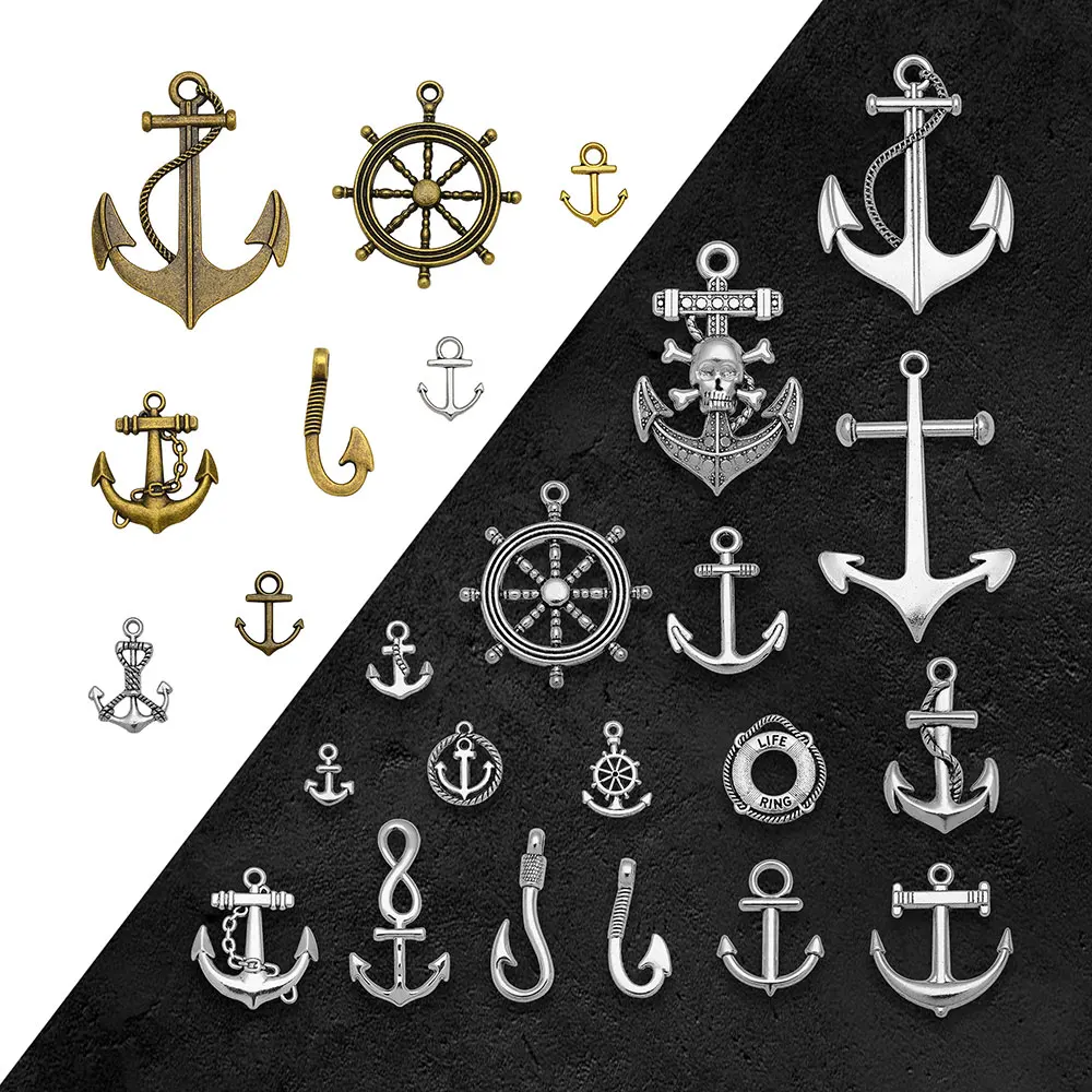 Antique Silver Plated Ocean Anchor Rudder Fish Hook Charms Nautical Pendants For Diy Jewelry Making Findings Craft Wholesale