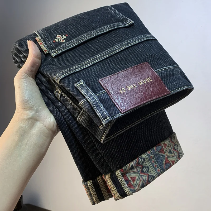 

2025 Winter Thick Jeans Men's Trendy New Warm and Thick Fleece Printed High end Pants for Men