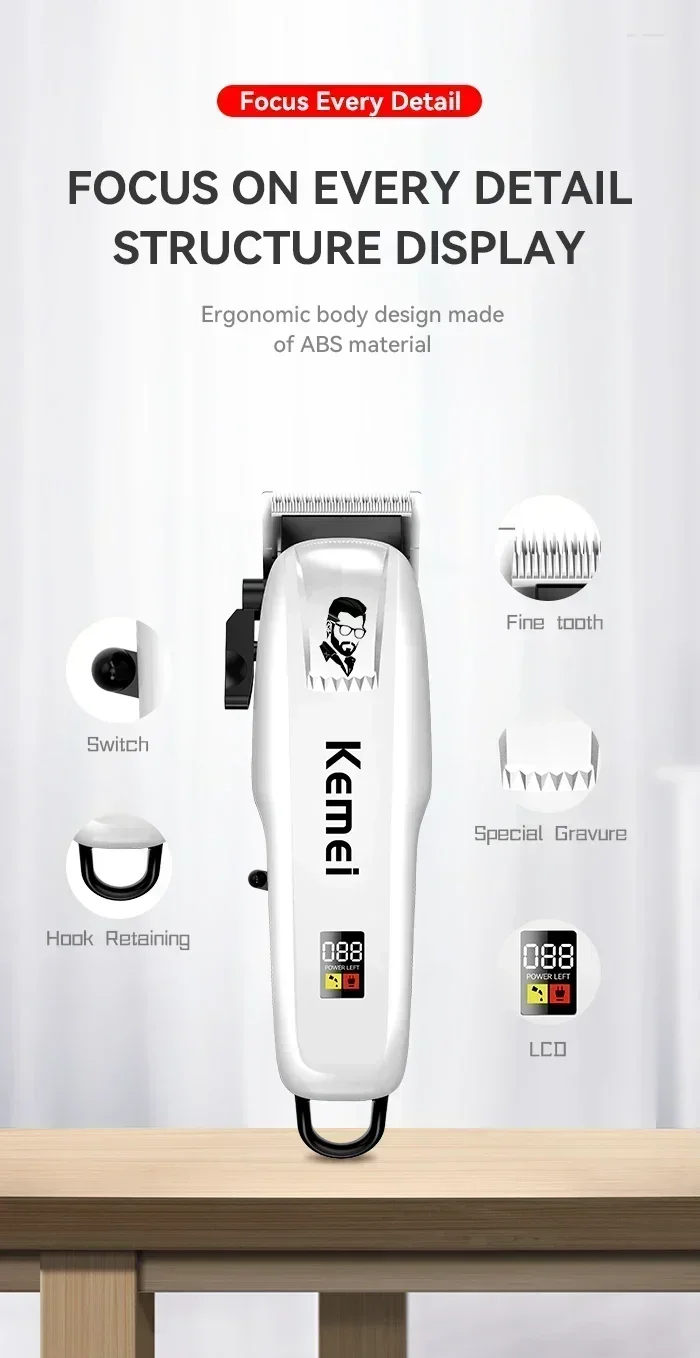 Kemei Haarschneidemaschine KM-PG809A KM-PG232 LCD USB Lade Einstellbar Professionelle Schneidemaschine KM-3382 Rasierer Trimmer für Männer – Detail 6