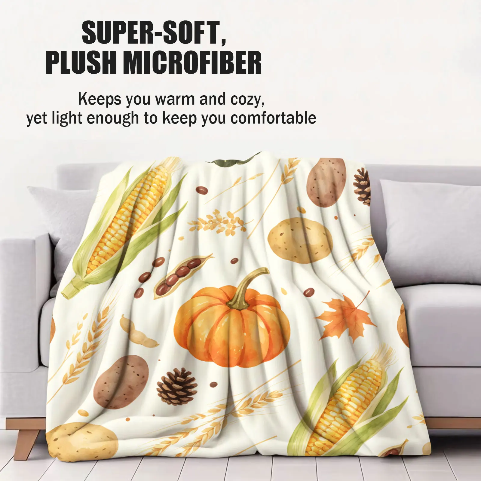 Harvest Season Flannel Blanket Cream Background Watercolor Farm Pumpkin Corn Potato Beans Printed Light‑Weight Throw Blanket