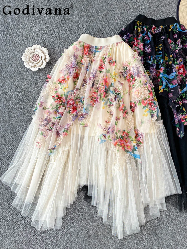 

Elegant French Retro Beaded Sweet Printed Gauze Korean Floral A-line Skirt Women's Summer High Waist Irregular Princess Skirts