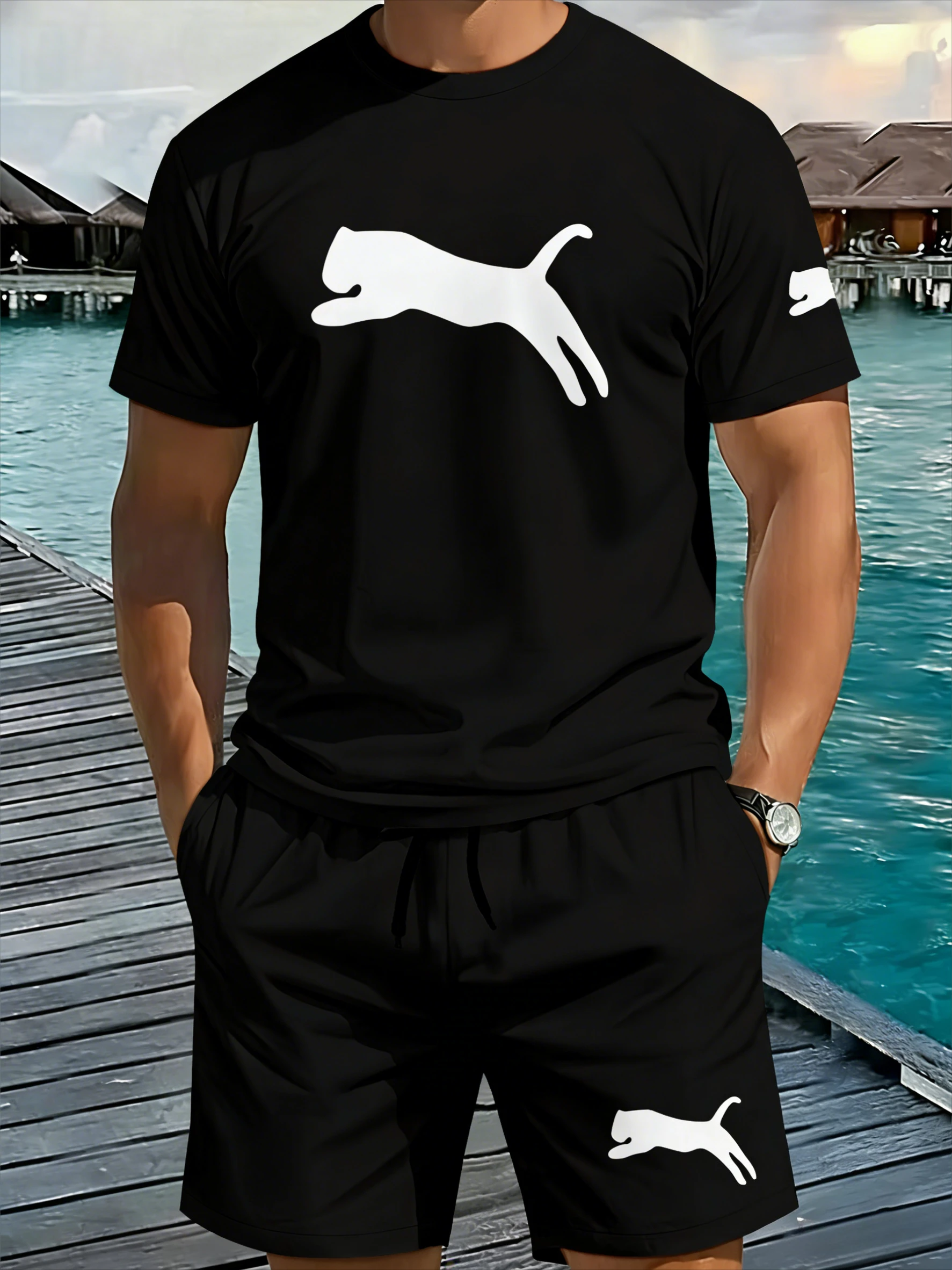 

2026 new Men's Black Jaguar Print T-Shirt and Shorts Set Summer Sports Suit Comfortable Fabric Outdoor Fashion Cool Outfit