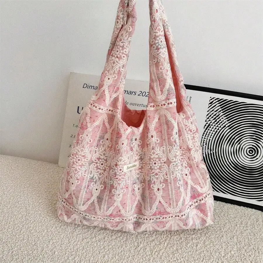 

Pink Lace Floral Casual Tote Bag Large Capacity Shoulder Handbag For Women