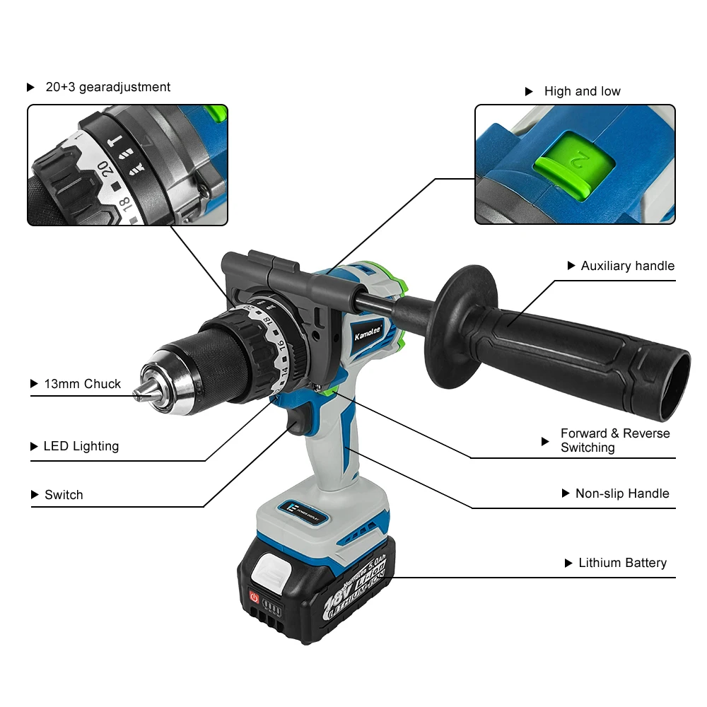 Kamolee 13MM Brushless Electric Impact Drill Cordless Screwdriver Lithium Battery Charging Hand Drill For Makita 18V Battery