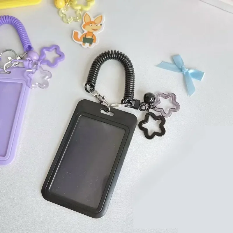 Cute Simple Protective Card Holder with Keychain Colorful Star Retractable Spring Lanyard ID Card Photo Postcard Holder