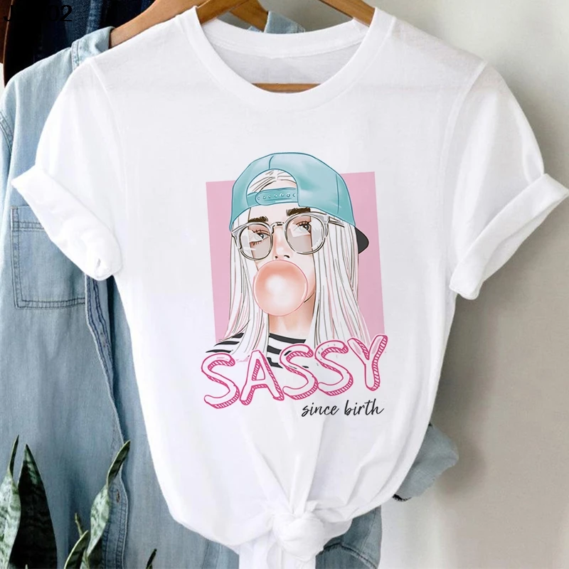 White Women\'s Clothing T-shirt Fashion Blowing Bubble Girl Print Ladies Tshirt Summer Harajuku Short-sleeved Tops Womans T Shirt