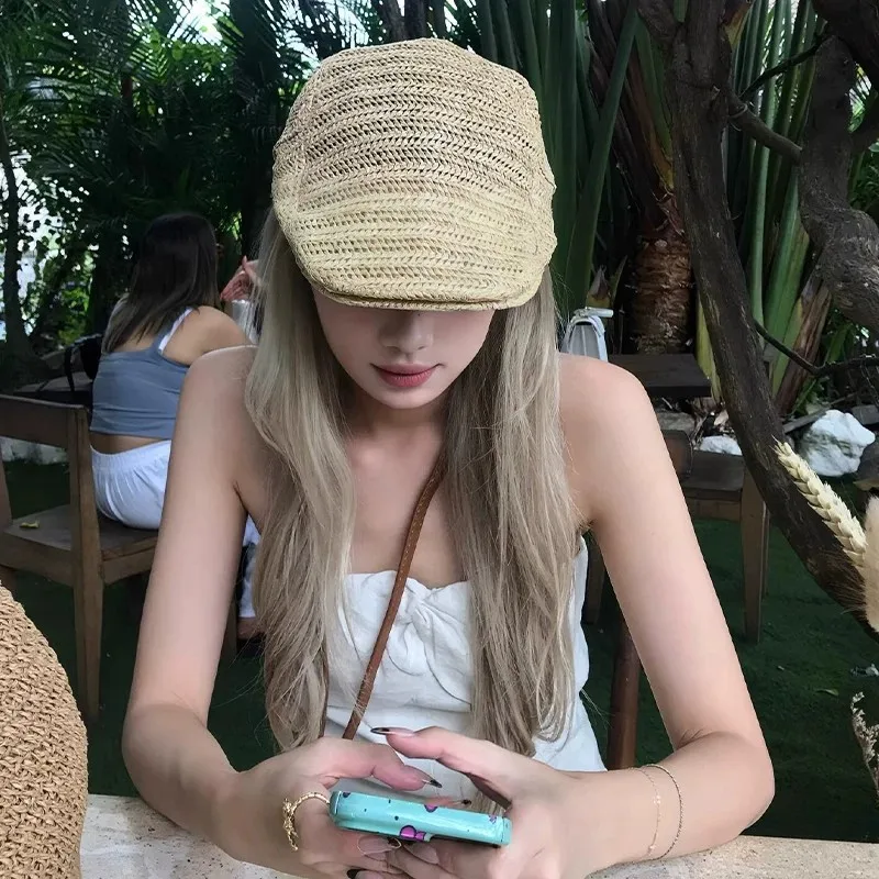 Japanese Straw Hollow-out Beret Women's Spring and Summer Breathable Thin All-match Paintwork Hat for Face Showing Small All-mat