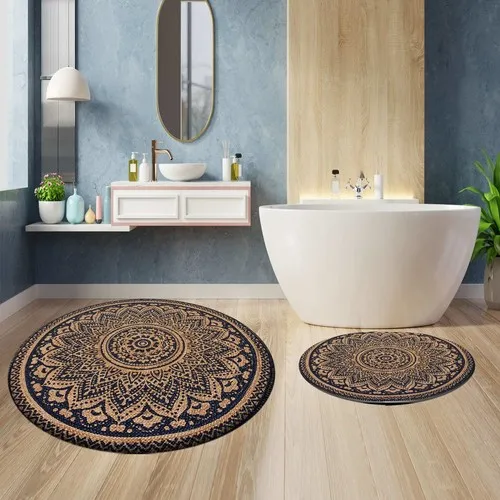 Else Carpet Mandala Authentic Jute Straw Looking Round Bath Mat & Rug