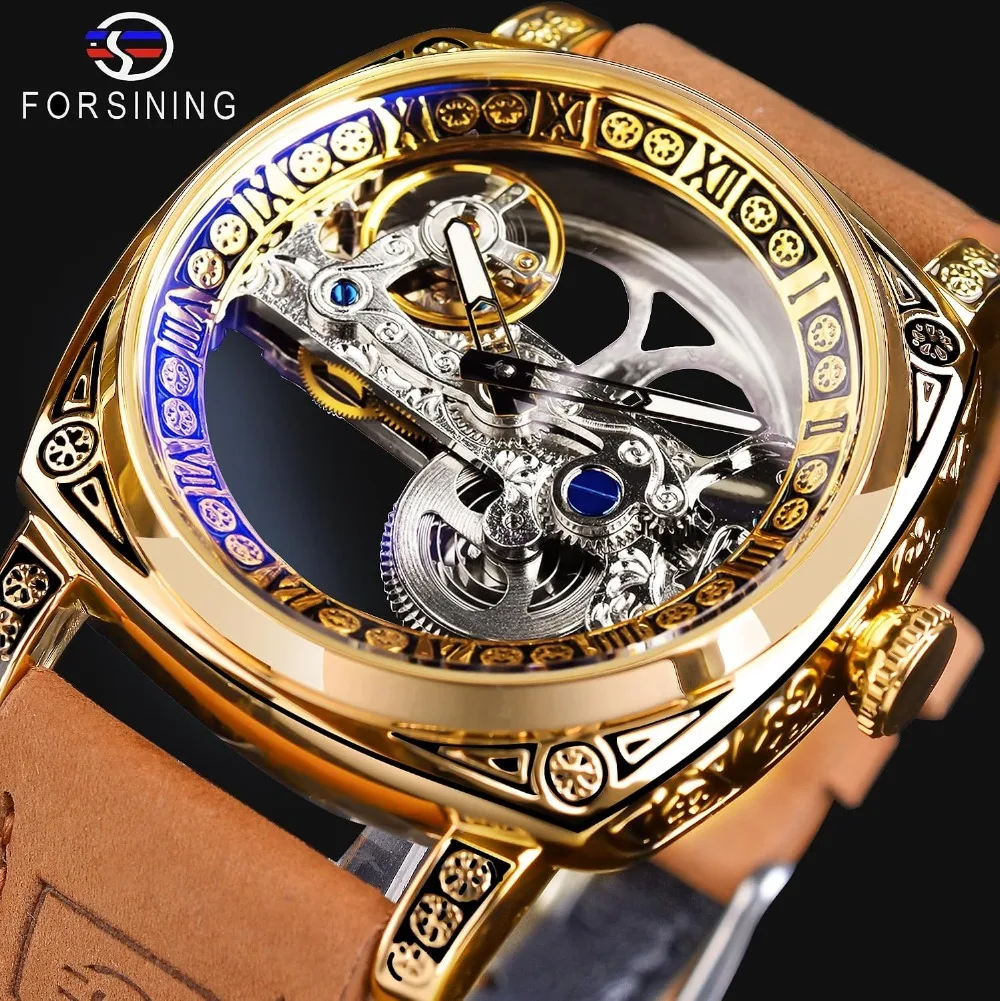 Men's Square Mechanical Watch with Retro Totem, Double Sided Hollow Skeleton, Self-Wind Automatic, Vintage Leather Strap Wristwatch