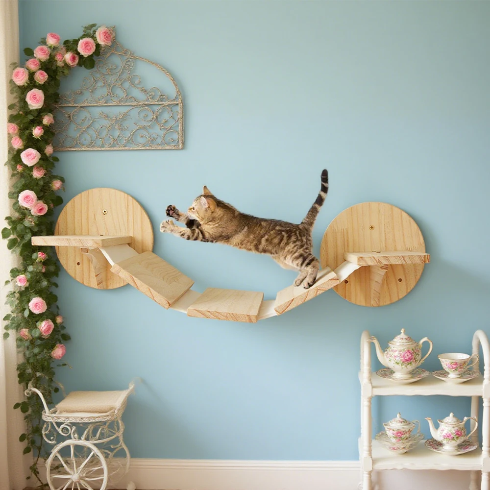 

Sturdy Cat Wall Mounted Cat Climbing Wood Shelves Cozy Cat Jumping Platform with Stairway for Kitten Playground Furniture