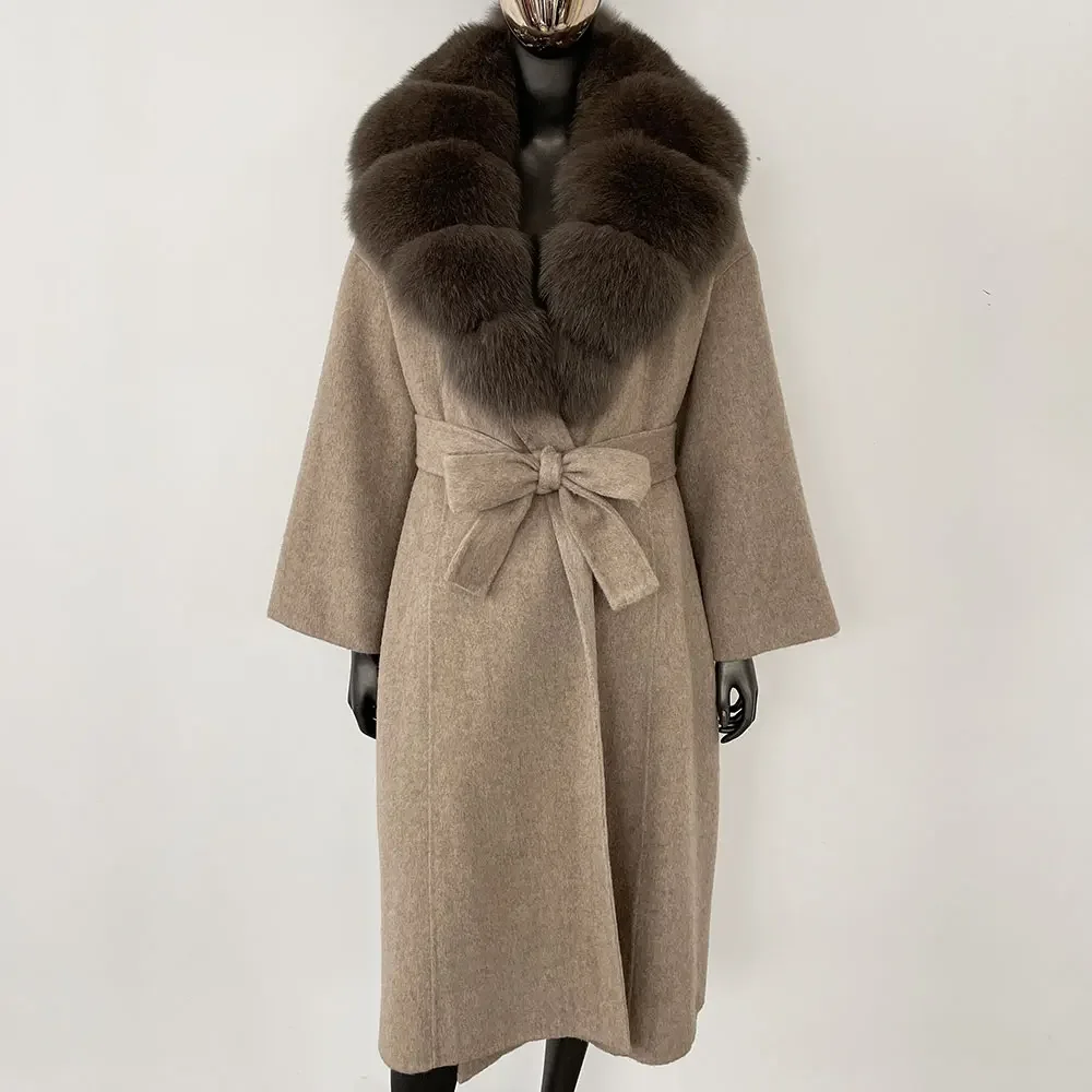 Natural gola de pele de raposa jaqueta com capuz casaco de pele real inverno feminino cashmere lã mistura casaco 2024 novo oversize senhoras outerwear