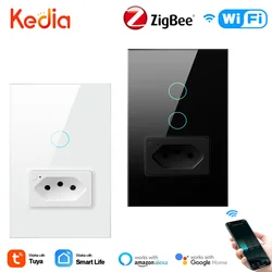 Tuya Zigbee WiFi Smart Switch 16/20A Socket,Brazil 4X2 Glass Panel 1/2 Button Smart Light Switch Smart Home Alexa Google Home