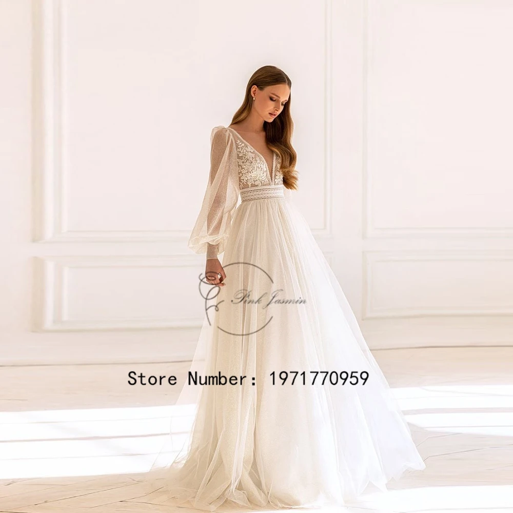 

Boho Ivory Puffy Sleeve Wedding Dress A Line V Neck Applique Elegant High Quality Tulle Long Length Sexy Open Back Bridal Gowns