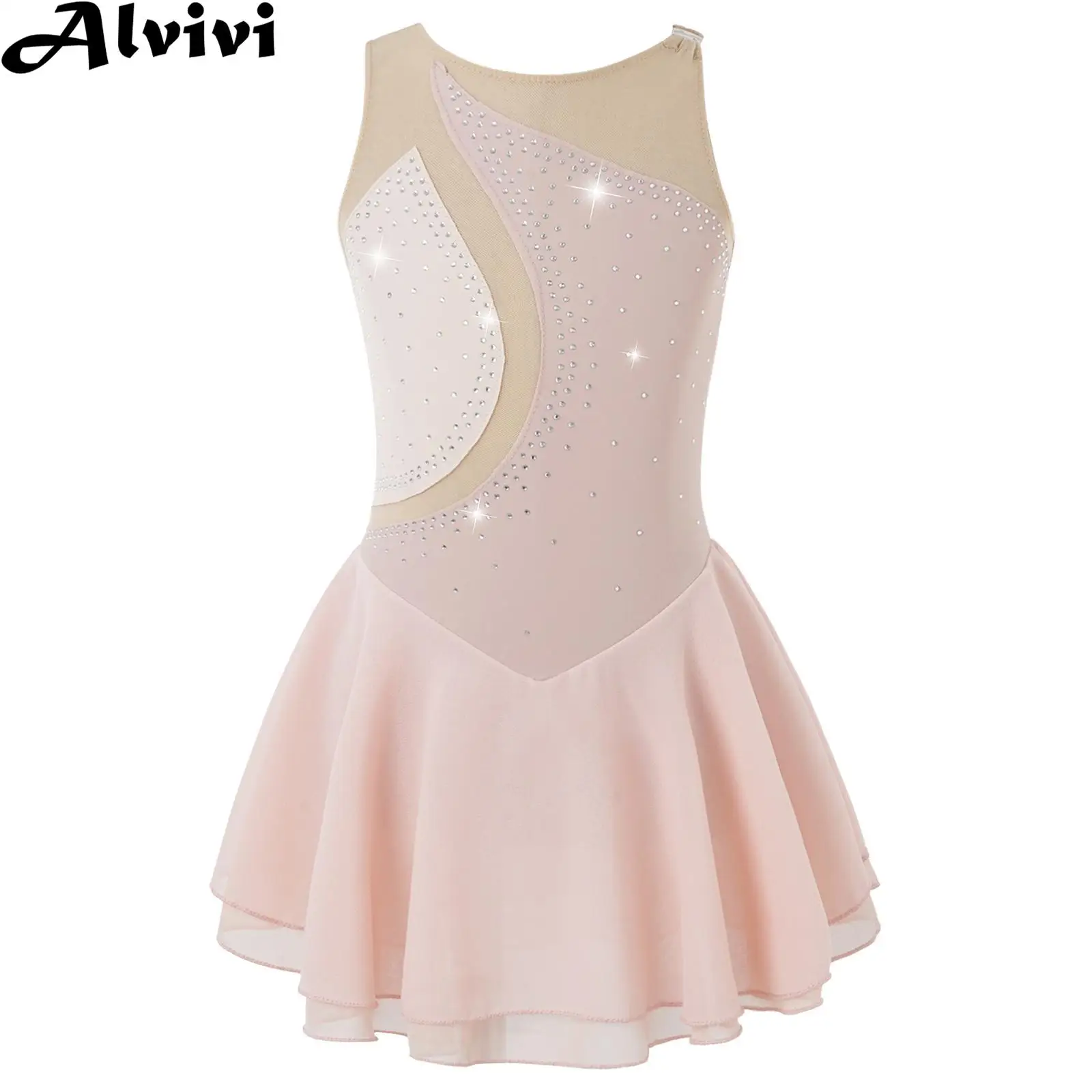 

Girls Sleeveless Figure Ice Skating Dress Shiny Sequin Sheer Mesh Patchwork Gymnastics Leotard Dresses Kids Performance Costume