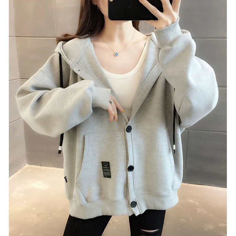 Women Trendy Casual Streetwear Y2K Oversized Hooded Sweatshirt Gray Simple Long Sleeve Pocket Hoodie Autumn Winter Female Jacket