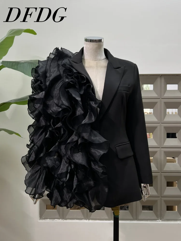 

DFDG Women’s Runway Designer Blazer Elegant Solid Color With Flounce Trim Lightweight Spring And Summer Jacket 2025