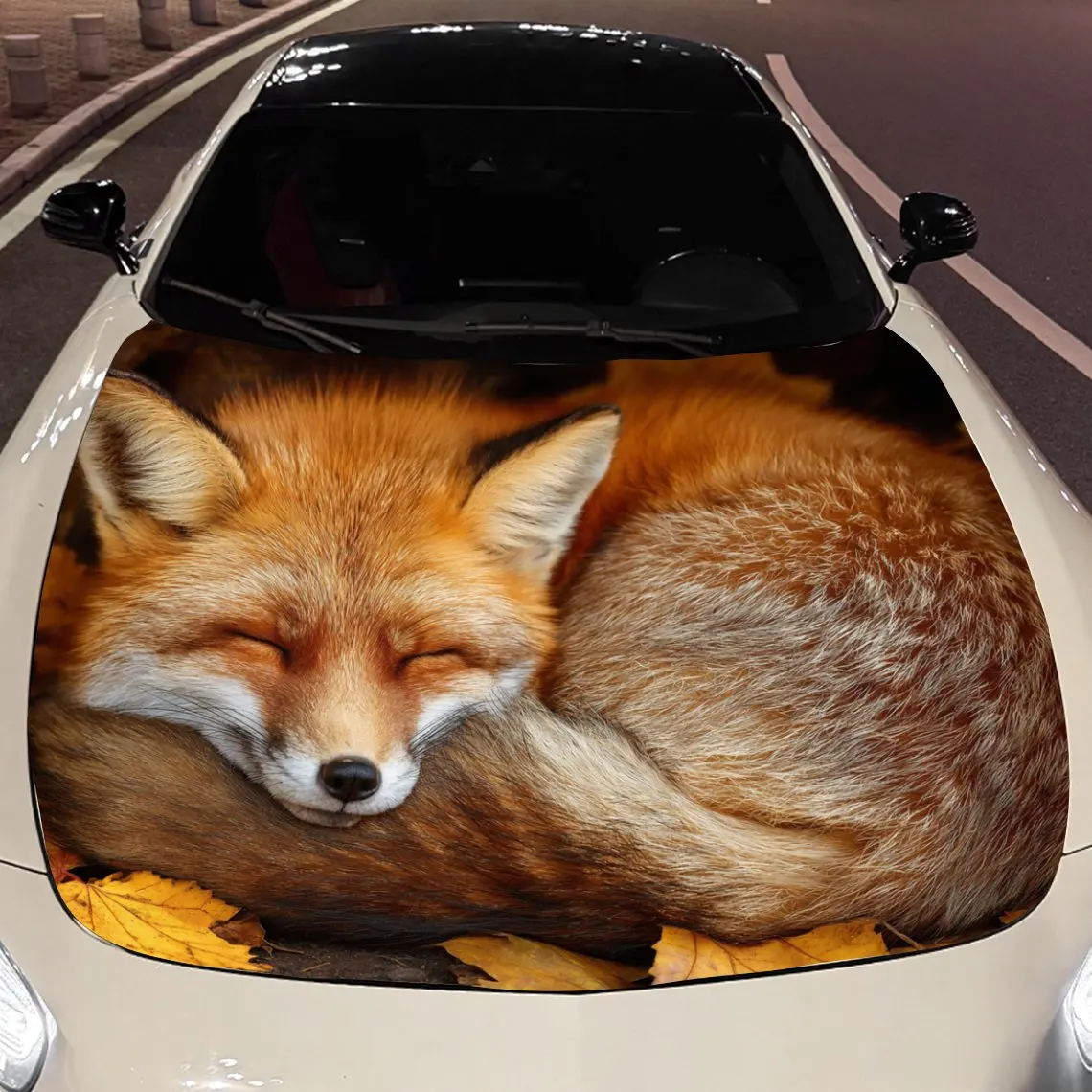 Car Decals Cozy Sleeping Fox with Autumn Leaves Car Hood Sticker, Waterproof Self - Adhesive Vinyl Graphics Decals, Decorative P