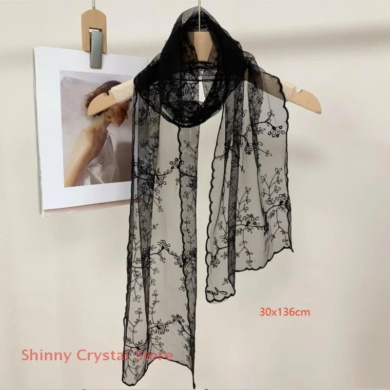 Summer Casual Retro Lace Small Long Scarf Embroidered Flower Long Silk Female Korean Version Literary Versatile Decorative Shawl