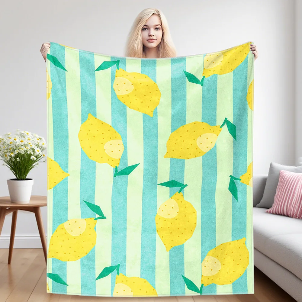 Mint Lemon Stripes Flannel Blankets Are Suitable For Sofas, Men's Room Decorations, Thick And Warm Gifts For Teenagers