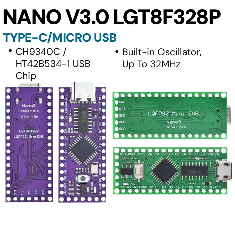 LGT8F328P-LQFP32 MiniEVB TYPE-C MICRO USB Compatible With ATMEGA328 Nano V3.0 LGT8F328P CH9340C / HT42B534-1 SOP16 For Arduino