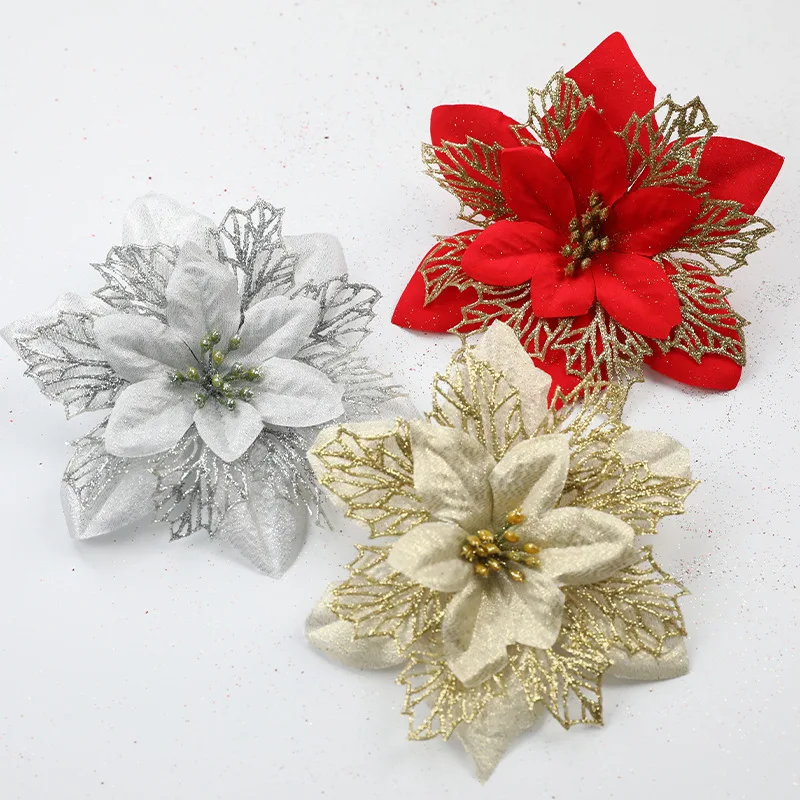 5-20 قطعة عيد الميلاد الزهور الاصطناعية بريق شجرة عيد الميلاد زخرفة الذهب الأحمر البونسيتة زهرة رئيس المنزل السنة الجديدة الطرف الديكور #2