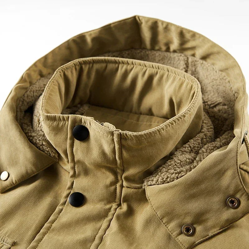 Parka de invierno de alta calidad para hombre, forro polar grueso, gorro desmontable a prueba de viento, chaqueta de piel de cordero, abrigo cálido para senderismo, trabajo de montaña, nuevo