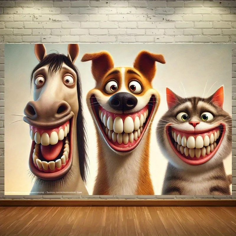 Funny Smiling Animal Tapestry Cartoon Horse Cat Dog Wall Blanket Grinning Laughing Pet Trio Room Decoration