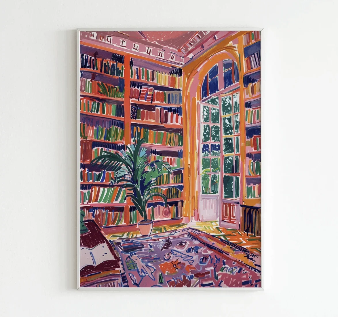 1pc frameless Canvas Painting Bright Vibrant Book Library Canvas Wall Art Print, Retro Reading Room Poster Decor for Study Dorm