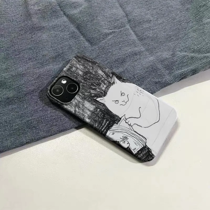 Gray Pencil Graffiti White Cat Case for IPHONE 17 16 ProMax 15 14 Plus 13 12 MINI 11 PRO 16Plus XR XS MAX Acrylic Phone Cover
