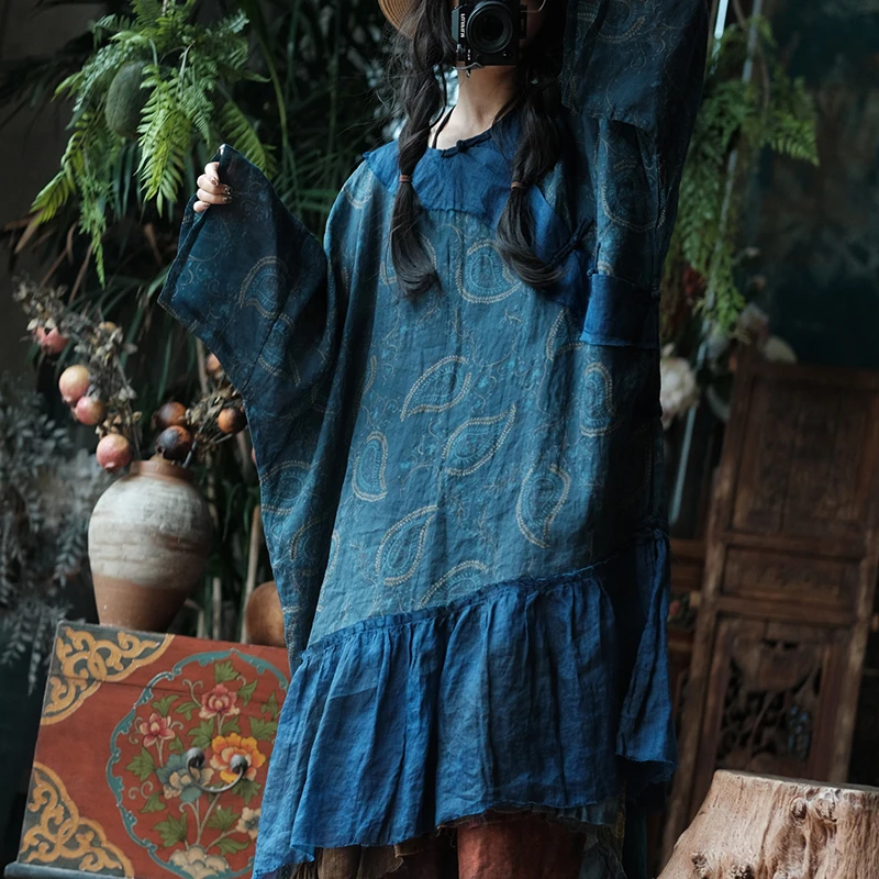 Übergroßes Damen-Freizeitkleid aus Leinen, Neu 2026 Frühling, Chinesischer Stil, Vintage-Druck, Locker Sitzend, Bequemes Langes Damenkleid M2691