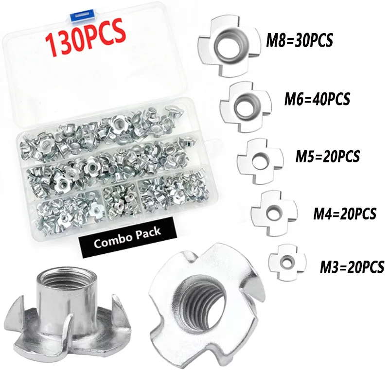 130Pcs Set Threaded Insert Nuts 4-Prong T-Nuts M3 M4 M5 M6 M8 Four-Prong Nails Wood Board Insert Nuts Four-Point Insert Nuts Ideal for Climbing Brackets, Wooden Brackets, and Cabinet Woodworking Furniture, These Safety Nuts Are Ideal for Reinforcing Furniture and Doors, Preventing Loosening