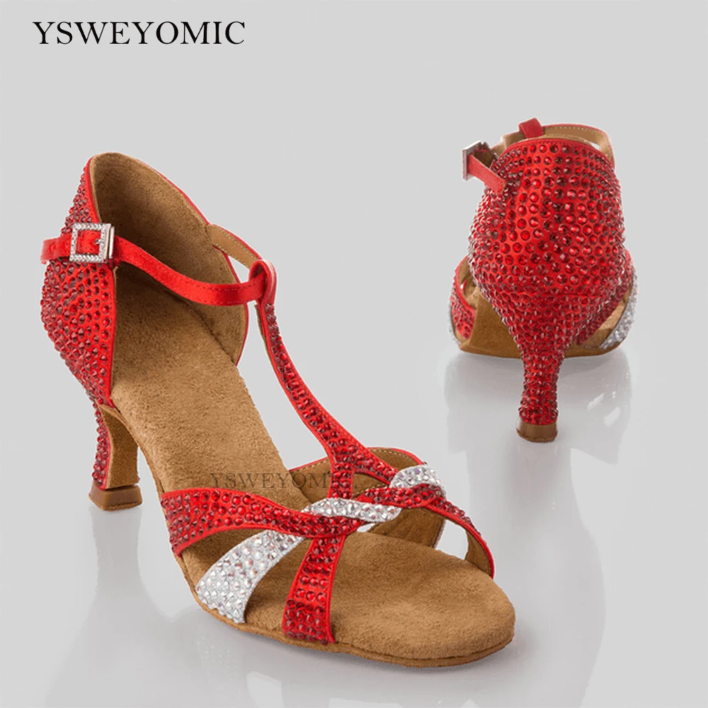 Crystal Latin Ballroom Dance Shoes Customized Style Color Logo Wholesale Order Is Welcomed Salsa Cuban Heel 7.5cm Dance Shoes