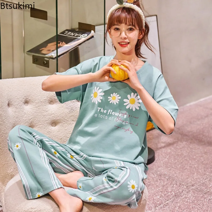New 2025 Summer 100% Cotton Pyjamas Set Short Sleeve Printed Pajamas Set Casual Shorts T-Shirt Sleepwear Nightwear Set for Women