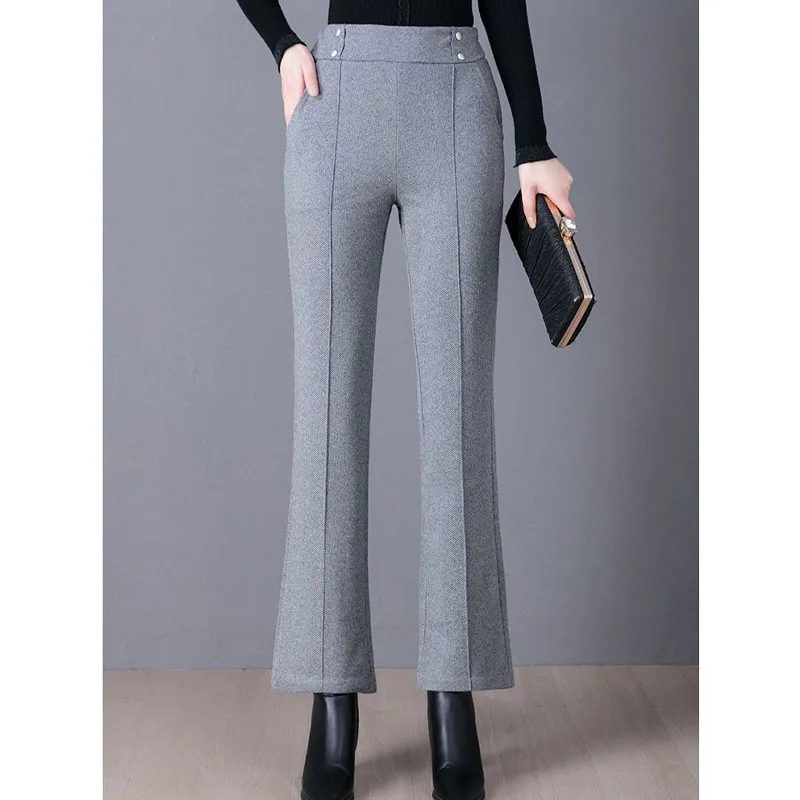 2022 Autumn Winter Women's Thick Fleece Solid Color Pants Office Lady Casual Fashion Female Pockets Elastic High Waist Trousers