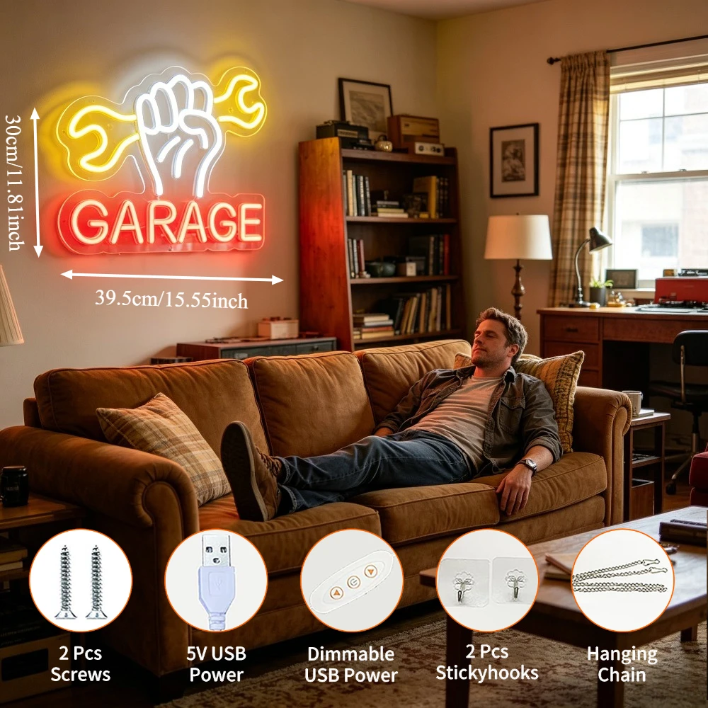 Garage Neon Sign Dimmable USB LED Neon Light for Man Cave Auto Repair Workshop Garage Game Room Motor Club Wall Decor Gift