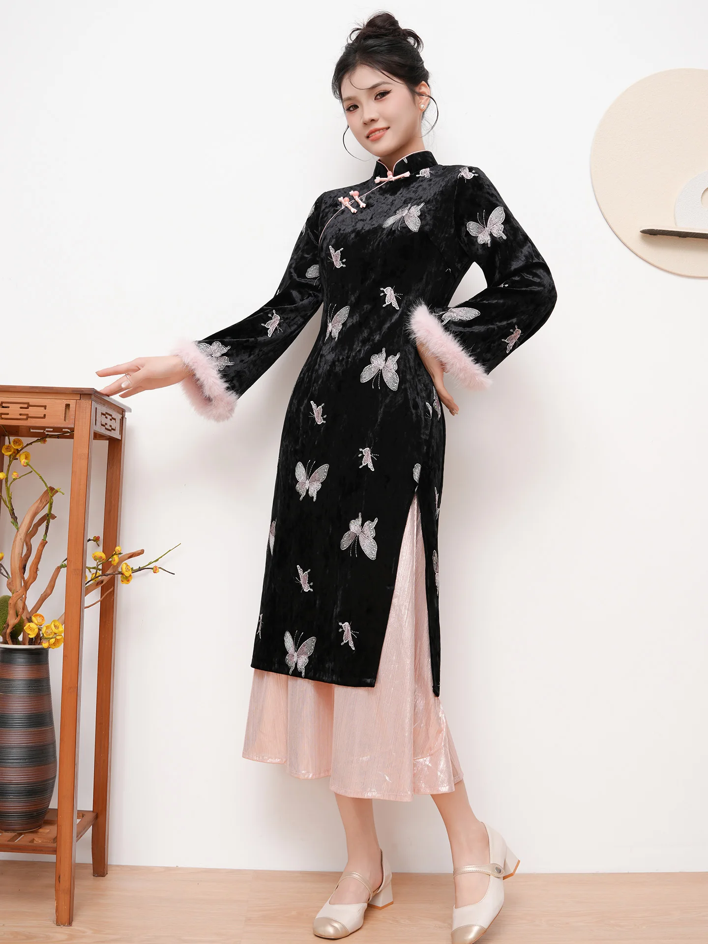 

Autumn Winter New Sle Velvet Chinese National Sle Long Dr Women's Dr Daily Wear Improved Patchwork