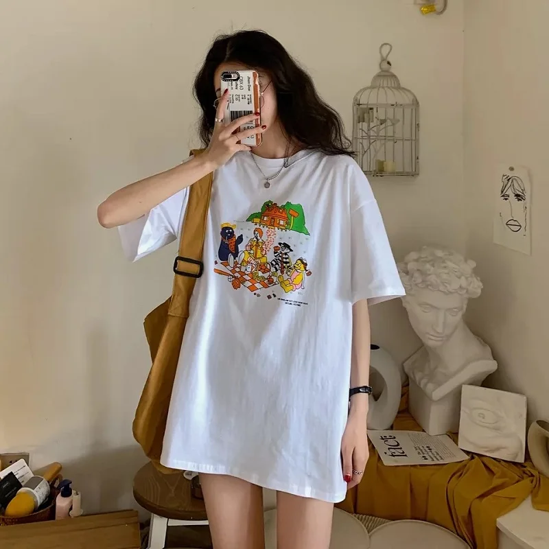 6021 koreańska moda Cartoon nadruk Kawaii kobiety T Shirt casualowe w stylu Streetwear Ulzzang bawełniana letnia zabawna koszulka graficzna dla