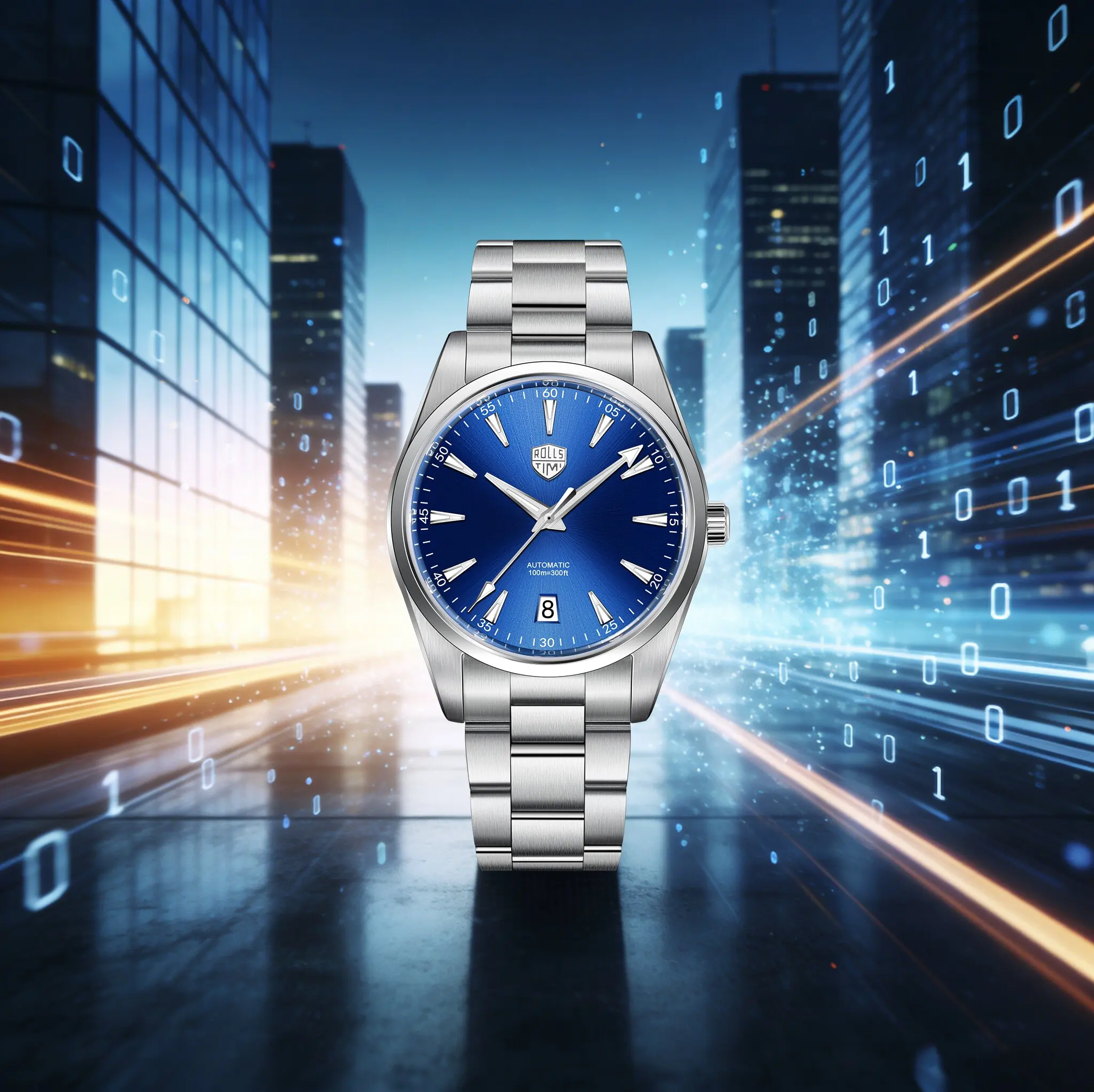 ROLLSTIMI New Luxury Business Men's Mechanical Watch Premium Formal Stainless Steel Sapphire Calendar 100m Diving Luminous Watch
