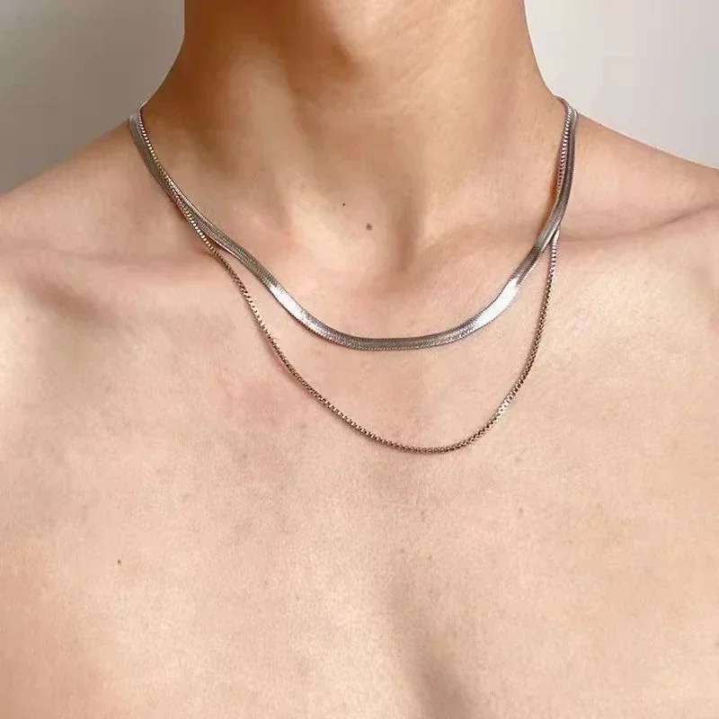 2pcs Set 925 Sterling Silver Flat Snake Box Chain Necklace Jewelry For Men Women Charms Wedding Fashion Valentine'S Day Gift