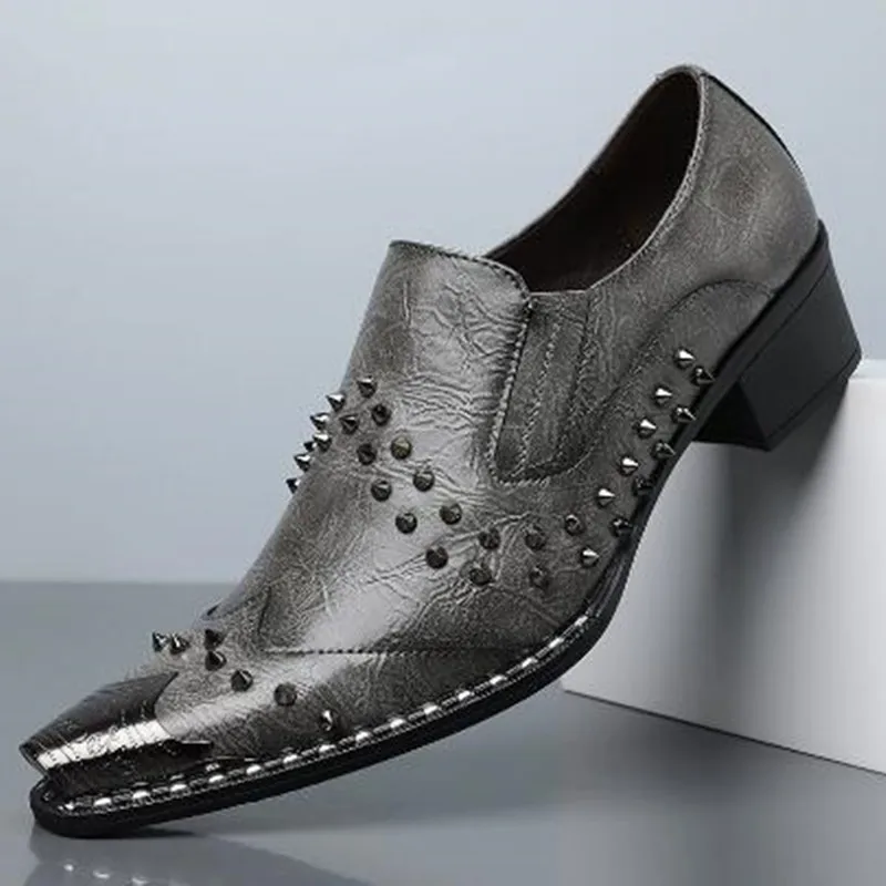 New Arrival 2027 Fashionable Studded Pointed-Toe Mens Leather Shoes British Metal-Toe Style Trendy Business&Unique Formal Footwe