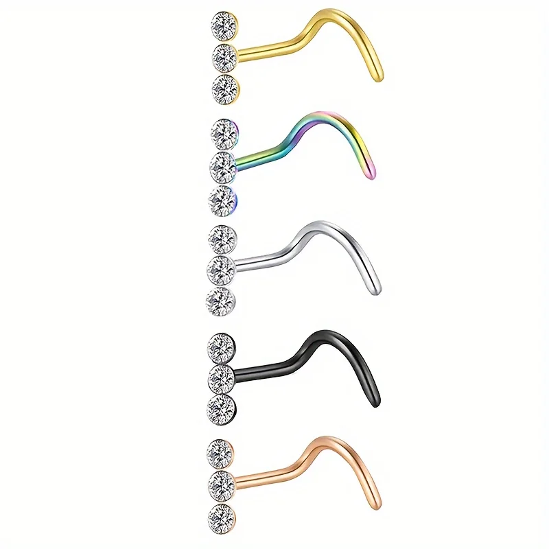 1pcs Colorful Stainless Steel Rod L-Shaped Three Rhinestones Nose Nail Piercing Jewelry  Decoration For Woman and Man