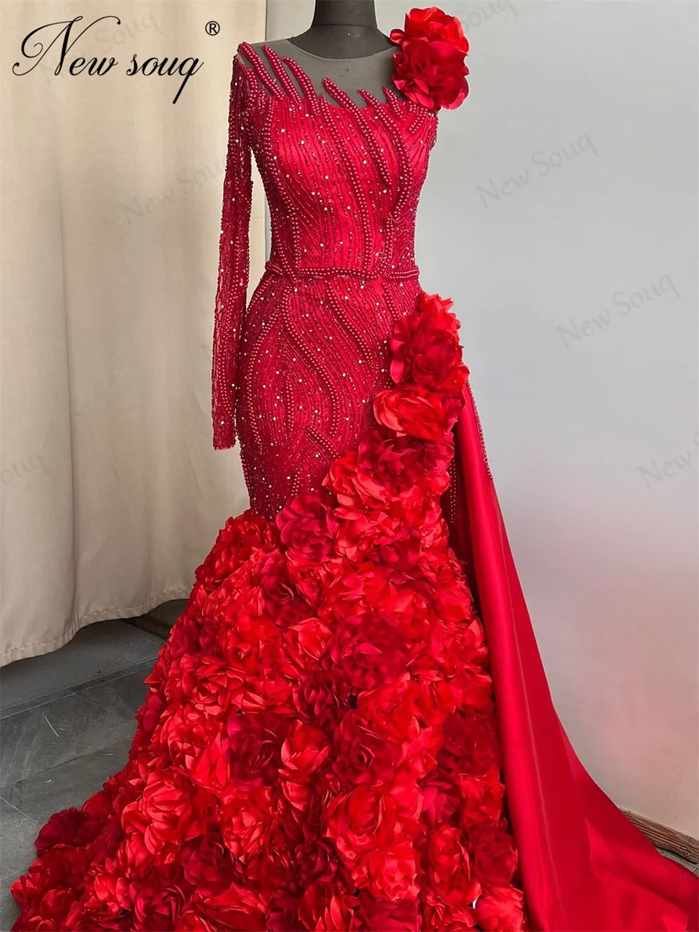 

Middle East Red One Shoulder Evening Dresses Vintage Flowers Mermaid Skirt Engagement Party Gowns Vestidos De Cóctel Customized