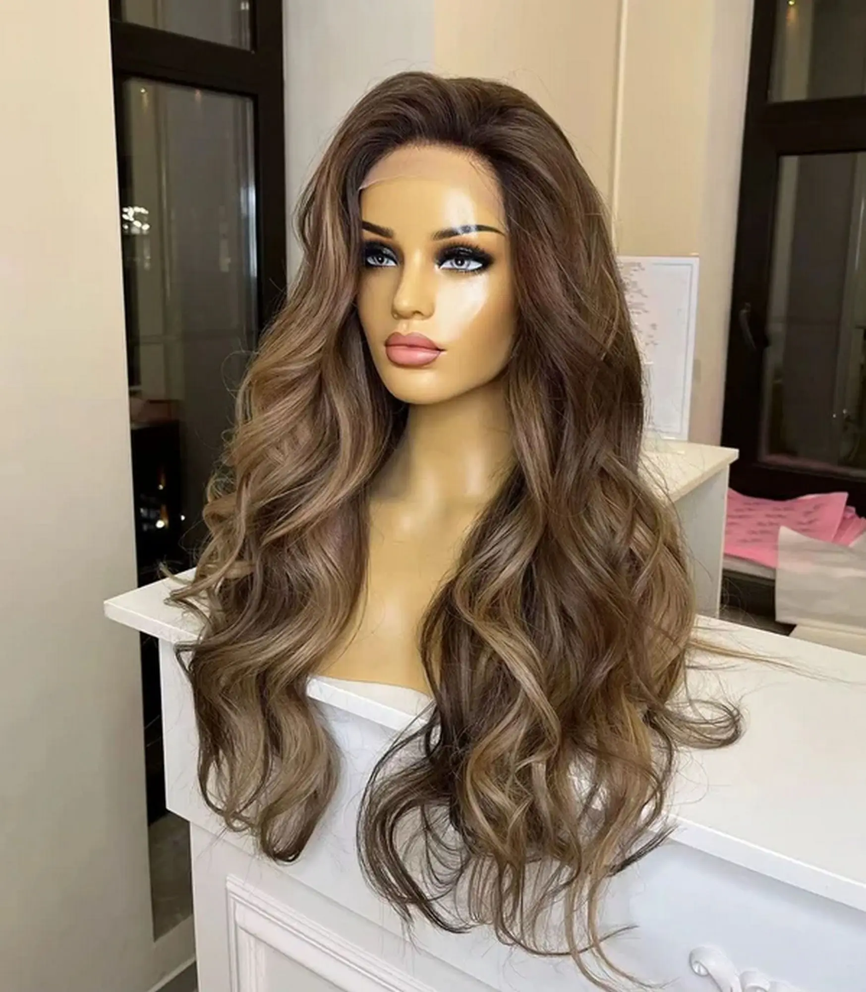 Ombre Brown Wig Mix Blonde Streaks Layered Synthetic Lace Front Wig Dark Root Long Loose Wavy 26 Inches Synthetic Wigs For Women