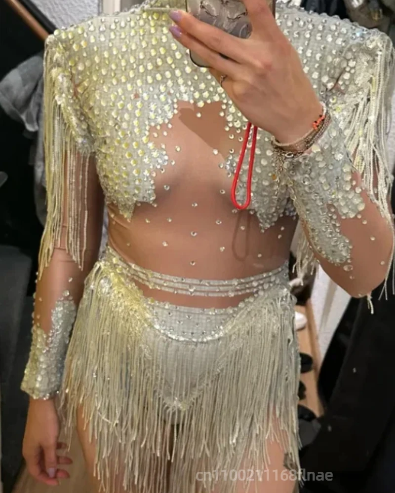 금색과 은색 스팽글 태슬 탄력성 있는 타이트 핏 의상 라틴 댄스 무대 의상 DJ 가수 댄서 공연 의상