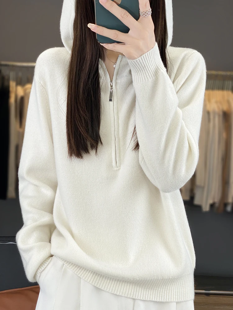 

2025 Новый женский свитер с капюшоном на молнии из 100% шерсти, свободный пуловер с воротником-стойкой, повседневный однотонный вязаный топ