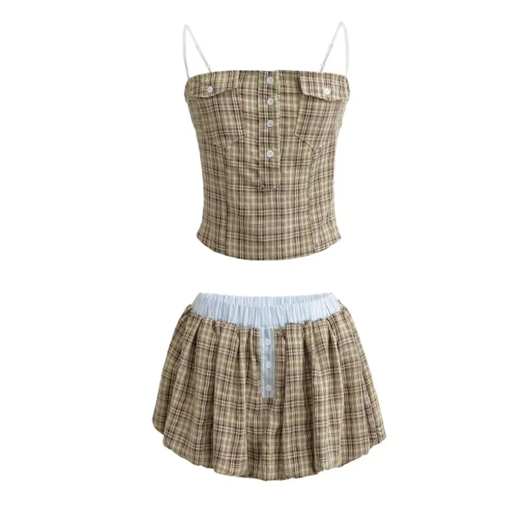 

Sets Spring Summer Hotsweet K-Style Plaid Single Breasted Sleeveless Natural Waist Mini Casual Sets For Women