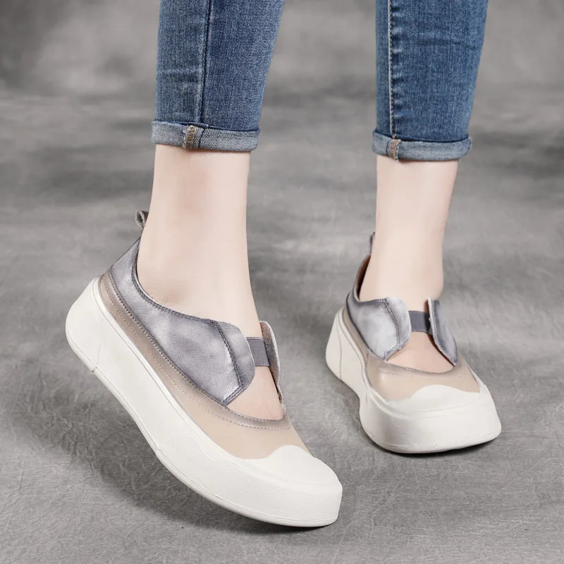 22 Summer Hot-Selling New Arrival Artistic Retro  Slip-on First Layer Cowhide Shallow Mouth Elastic Band Platform