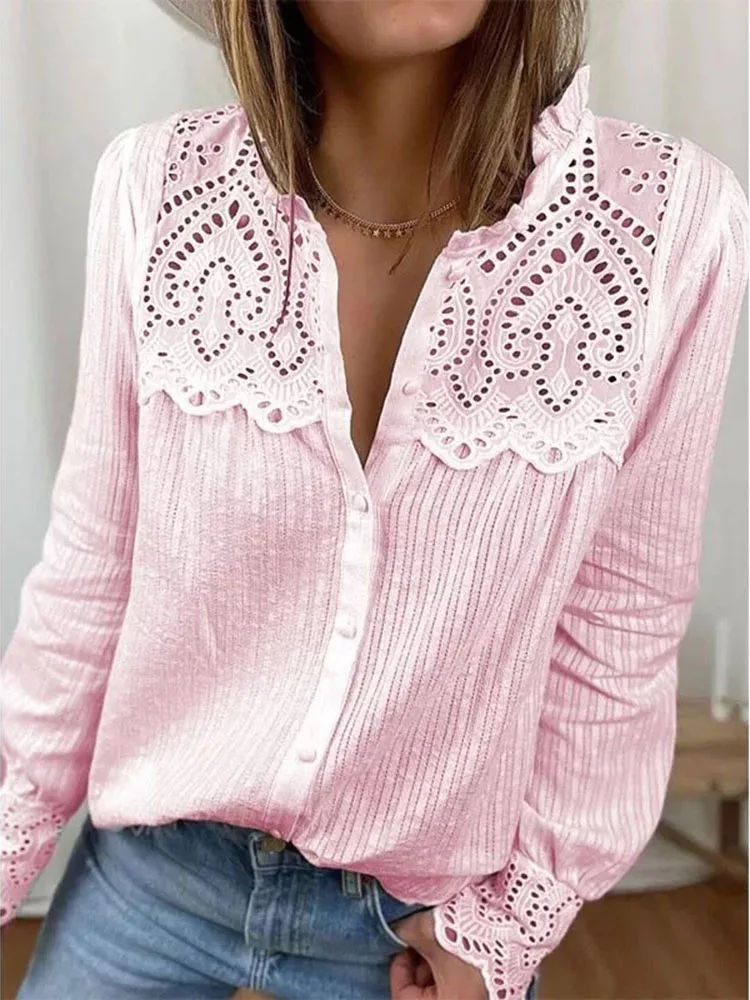 Blusa holgada de encaje para mujer, camisa informal de manga larga con cuello redondo, color blanco, para verano y otoño, 2023