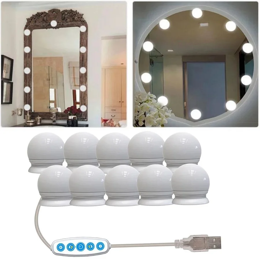 

10Pcs Vanity Lights Bulb Kit Dimmable Five Color Temperature LED Make Up Mirror Light USB Cosmetic Fill Light Bathroom Wall Lamp